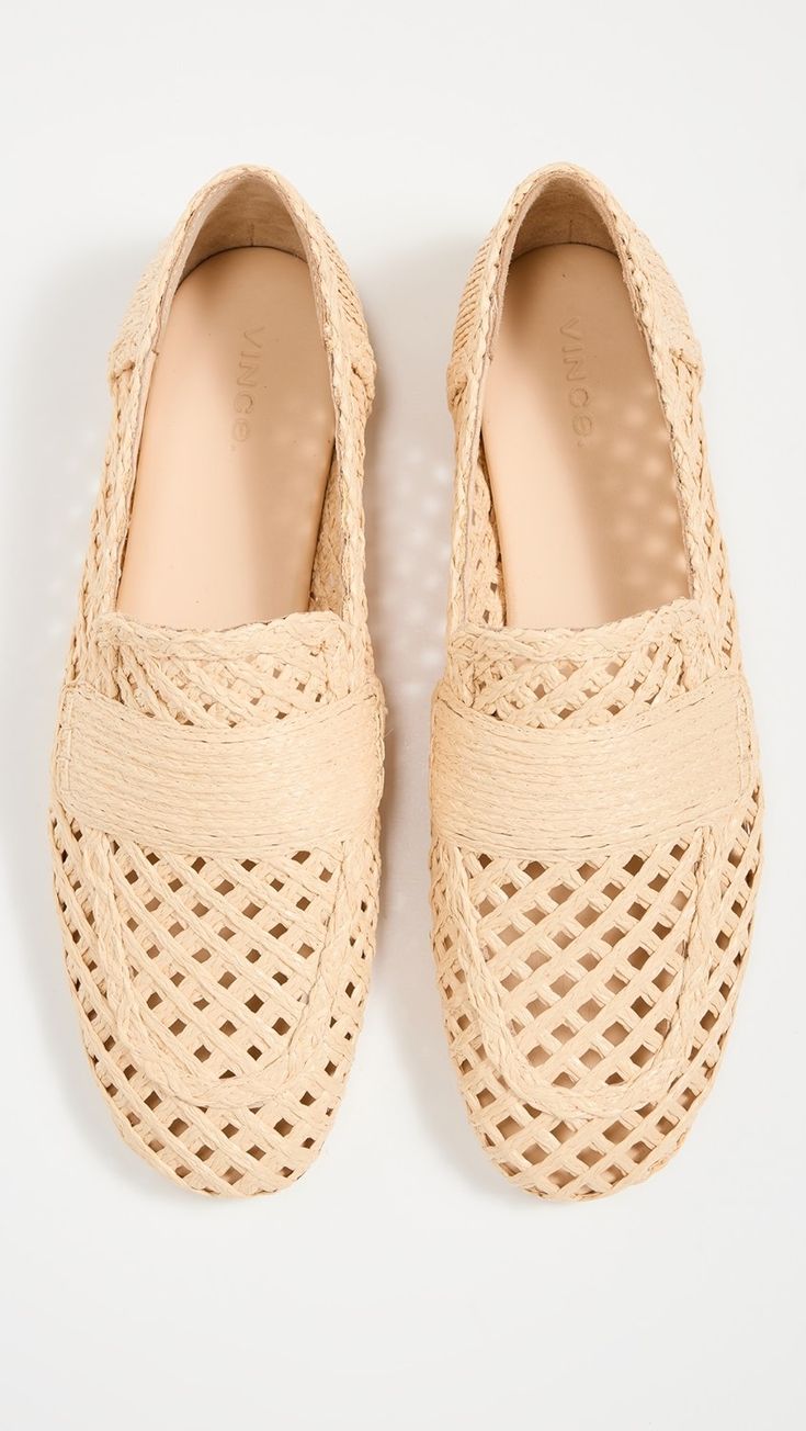 Vince Davis Raffia Flats | Shopbop Summer Loafers With Textured Sole And Round Toe, Beige Woven Leather Flats, Classic Beige Loafers With Woven Sole, Beige Loafers With Woven Sole For Spring, Textured Sole Loafers For Summer, Spring Beige Loafers With Woven Sole, Summer Loafers With Textured Sole, Spring Loafers With Woven Sole And Flat Heel, Woven Leather Espadrilles With Round Toe