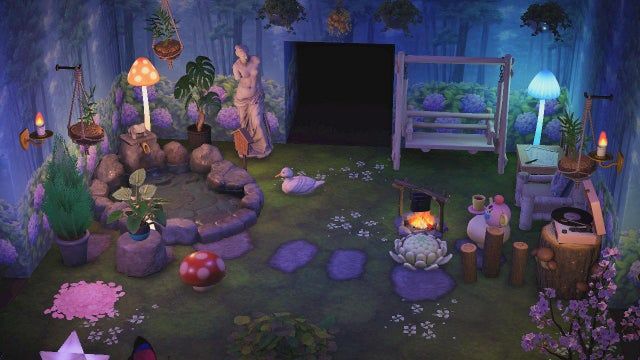 an animated garden with plants, rocks and candles