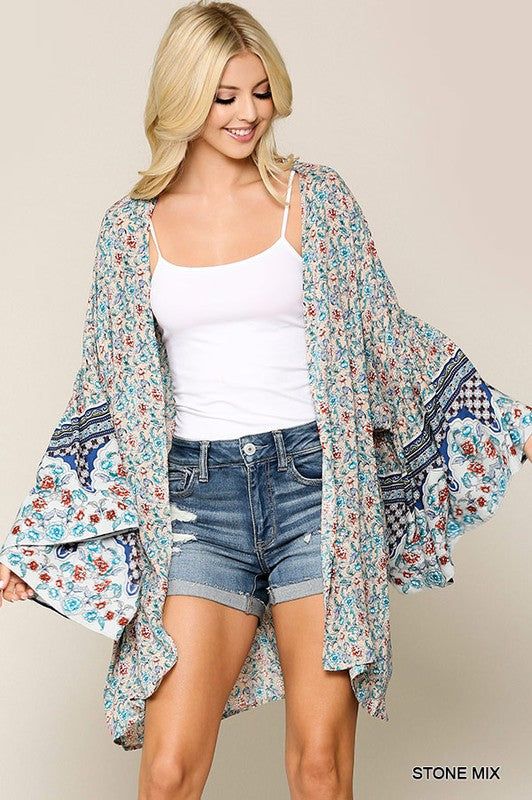 Floral Kimono Stone Mix floral placement ruffle sleeves kimono with high low hem 100% Rayon Model wearing small Floral Print Kimono, Print Kimonos, Floral Kimono, Kimono Jacket, Floral Ruffle, Dress Cover, Cover Up Dress, Boho Floral, High Low Hem