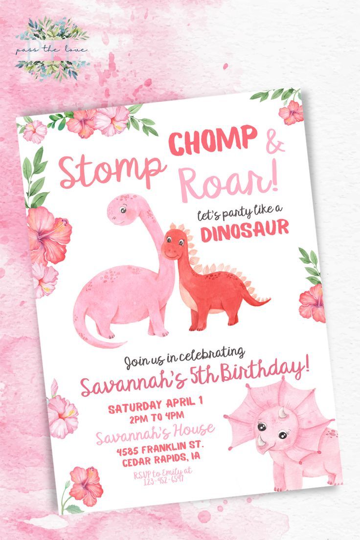 a pink dinosaur birthday party card with flowers