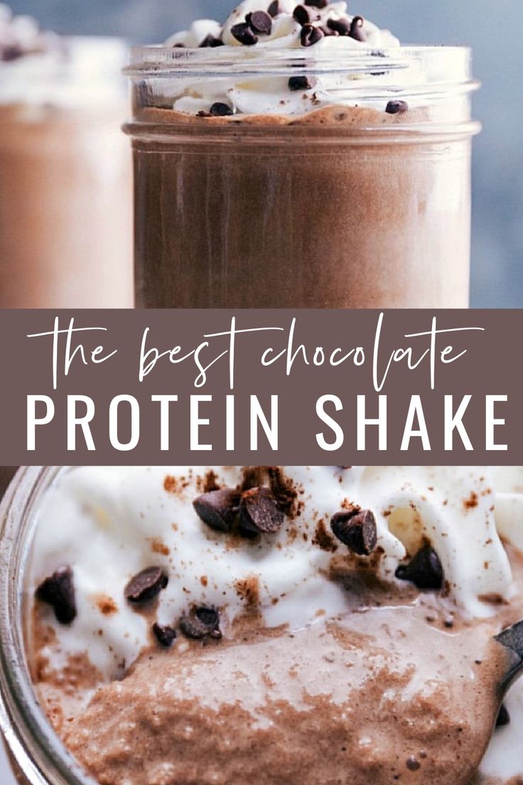 the best chocolate protein shake in a mason jar with whipped cream and chocolate chips on top