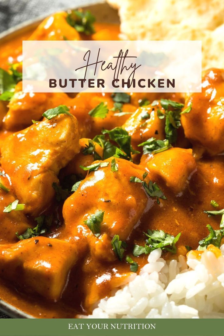 healthy butter chicken with white rice and cilantro on the side in a bowl