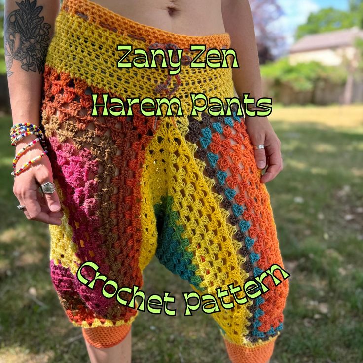 a woman wearing colorful crochet pants with the words zanyzen harlem pants written on it