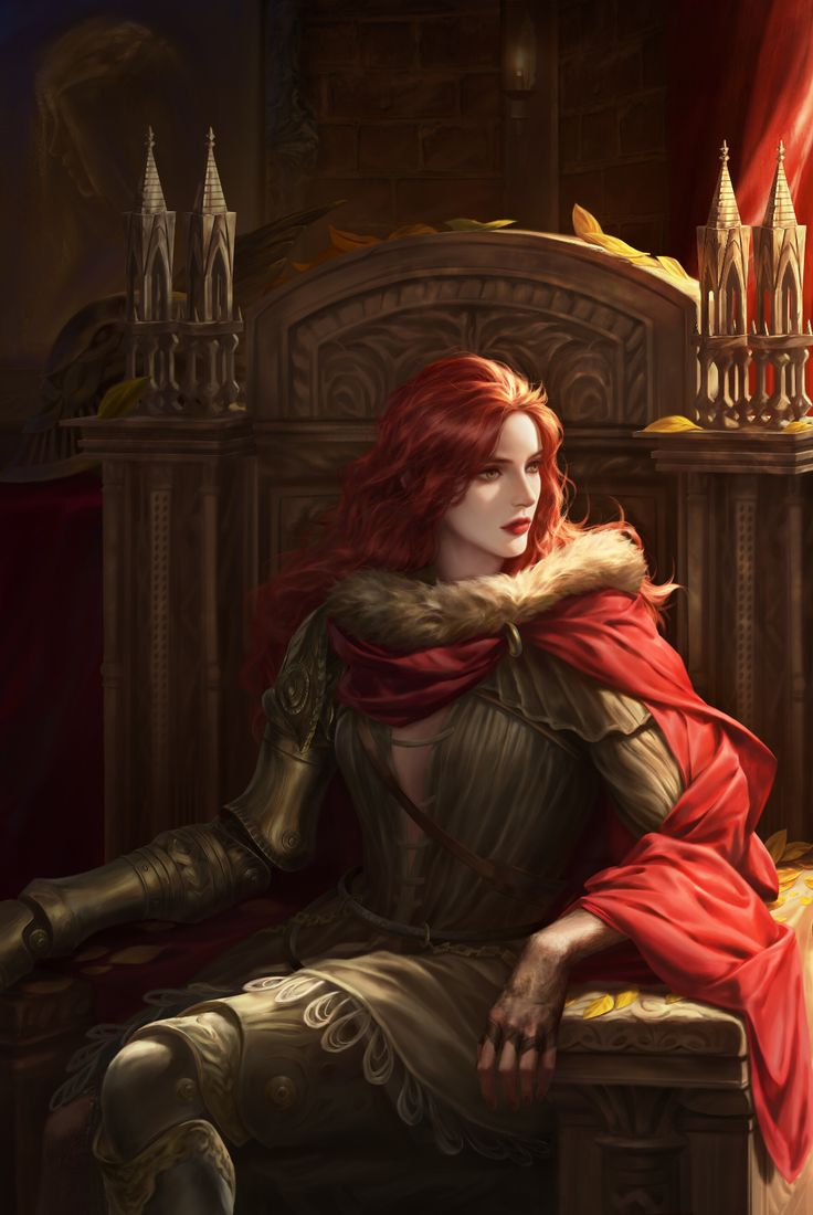 a painting of a woman with red hair sitting on a bench in front of a castle