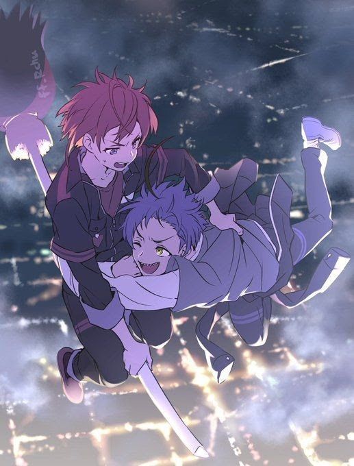 two anime characters flying through the air with their arms around each other in front of a cityscape