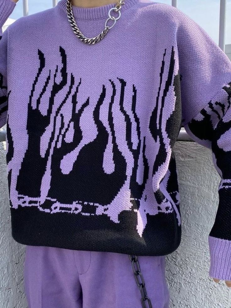 Outfit Cowok, Sweater Aesthetic, Sweaters Hoodies, Rainbow Sweater, Purple Outfits, Stylish Mens Outfits, Purple Sweater, Alternative Outfits, Knit Sweatshirt