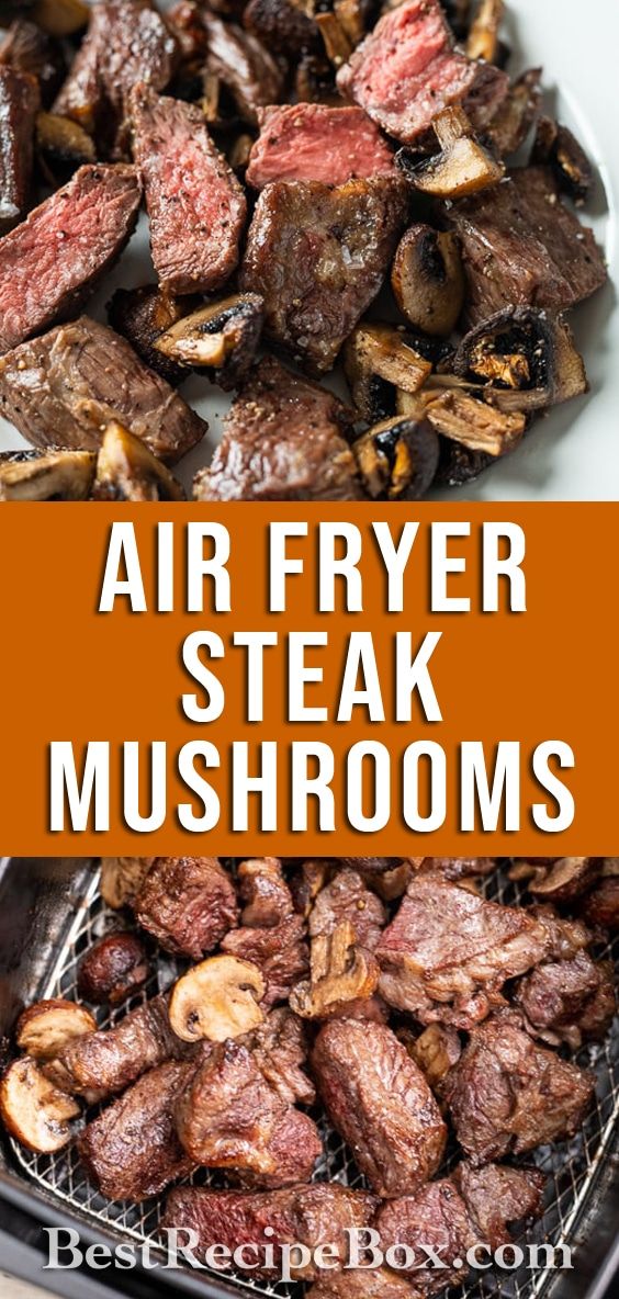 air fryer steak mushrooms with text overlay