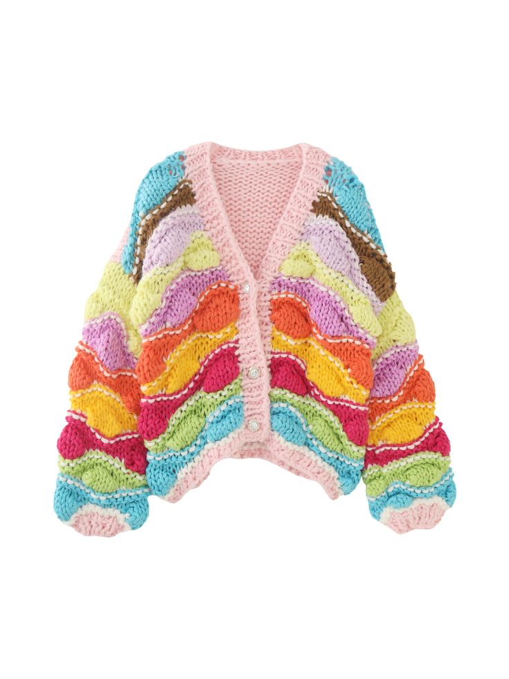 This vibrant handmade multi-colored cardigan is a standout piece that brings fun and energy to any outfit. Its chunky knit design, crafted with care, features bold, wavy stripes in a rainbow of colors, making it perfect for those who love to embrace playful fashion. The relaxed fit and cozy fabric ensure maximum comfort, while the cropped length adds a trendy touch. Ideal for layering over simple tops, this cardigan is perfect for adding a pop of color and personality to your wardrobe. Details: Fun Multicolor Winter Outerwear, Spring Multicolor Knitted Cardigan, Fun Multicolor Spring Sweater, Fun Multicolor Long Sleeve Cardigan, Playful Multicolor Long Sleeve Cardigan, Multicolor Chunky Knit Cardigan For Fall, Multicolor Knitted Spring Outerwear, Multicolor Knitted Outerwear, Colorful Playful Sweater For Fall