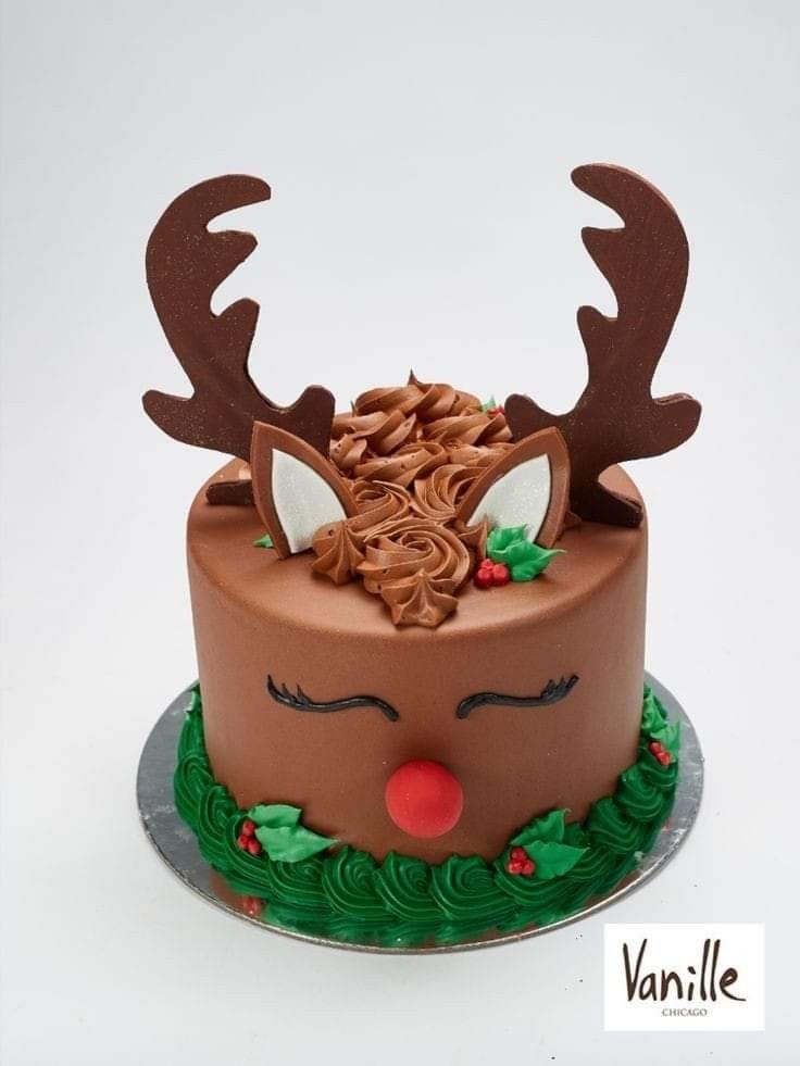 a cake decorated with chocolate frosting and reindeer antlers on it's head