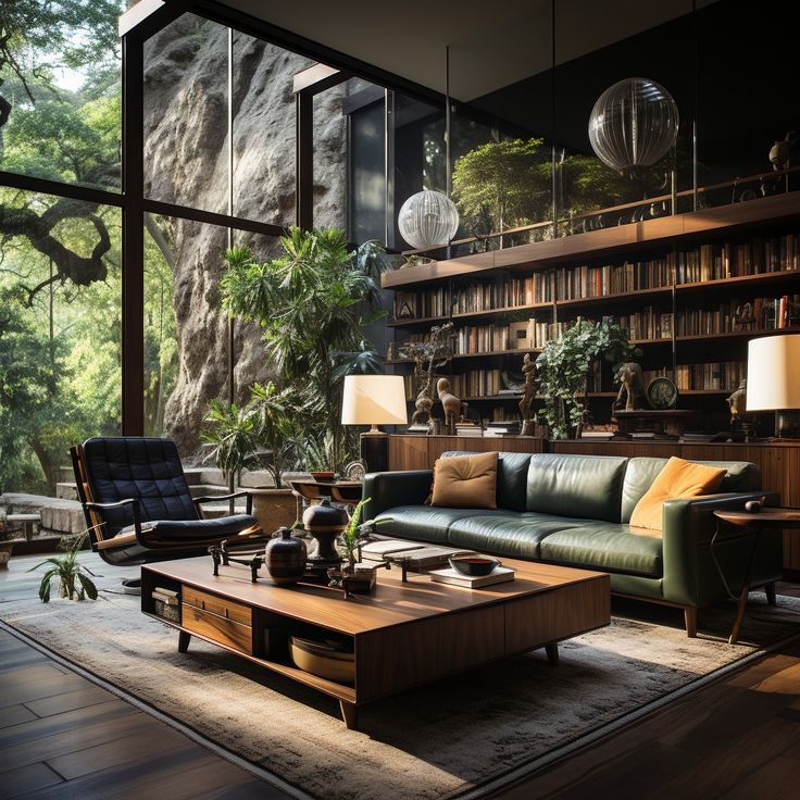 a living room filled with lots of furniture and bookshelves next to a window