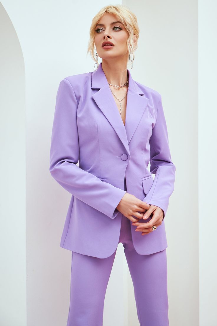 Fabric: Crepe Cotton 65%, Polyester 35% Single breasted blazer (1 button) Notched lapel Flap pockets High waist pants Wide-leg pants Jacket length: 70 cm/ 27,55 in Sleeve length: 65 cm/ 25,59 in Pants length: 120 cm/ 47,24 in Colors: Crimson, Lavender, Black Party Wear Blazers, Ladies Trouser Suits, Pants Custom, Waterproof Pants, Single Breasted Blazer, Tuxedo Women, Women Trousers, Blazer Set, Men Pants