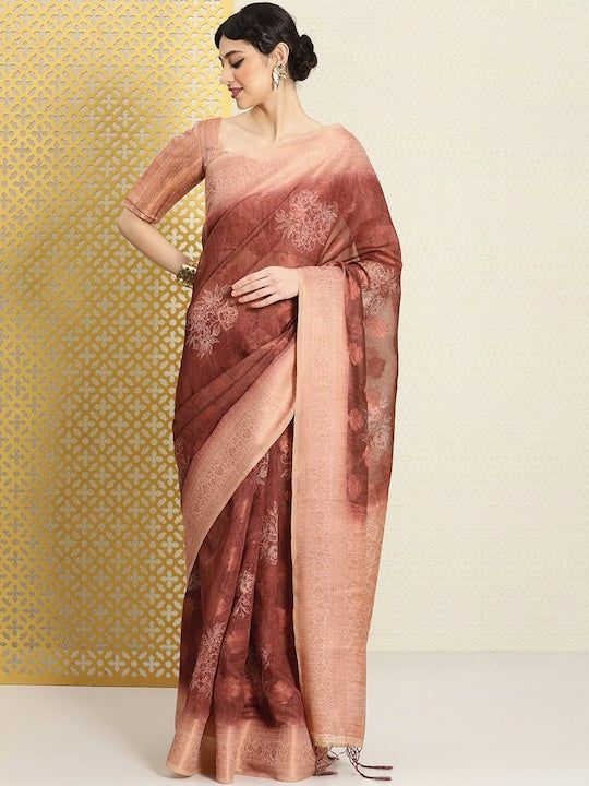 Brown and pink sareeEthnic motifs woven design saree with woven design border Has zari detailThe saree comes with an unstitched blouse pieceThe blouse worn by the model might be for modelling purpose only. Check the image of the blouse piece to understand how the actual blouse piece looks like. Semi-stitched Saree With Printed Border For Eid, Designer Wear Saree With Printed Border For Eid, Pre-draped Saree With Printed Border For Puja, Transitional Season Unstitched Saree, Self Design Saree For Diwali, Diwali Self Design Saree, Diwali Self-design Saree, Slub Silk Saree With Detailed Pallu, Festive Chanderi Blouse Piece With Printed Border