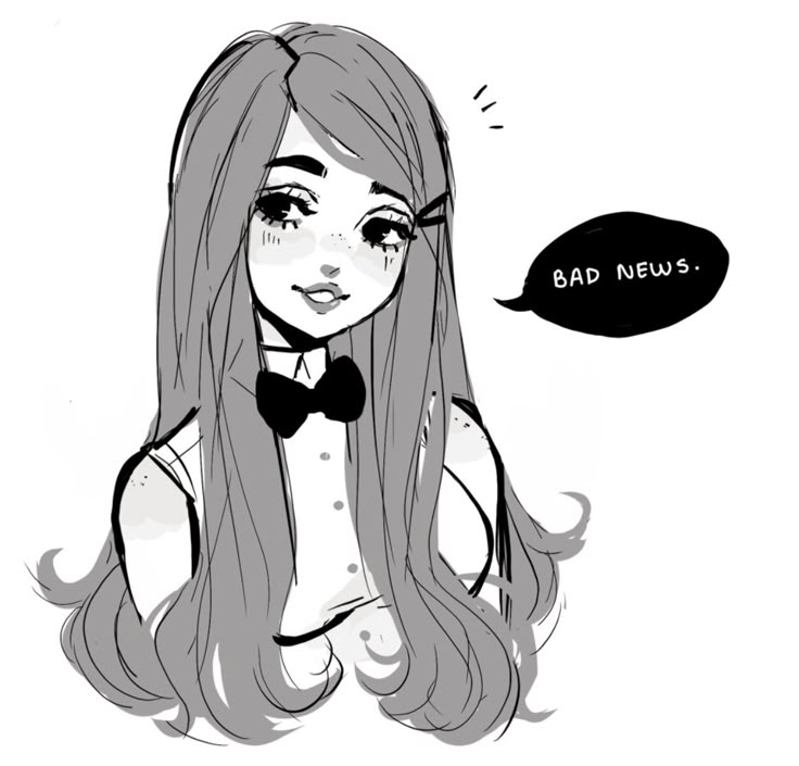 a drawing of a girl with long hair and a bow tie saying bad neu's