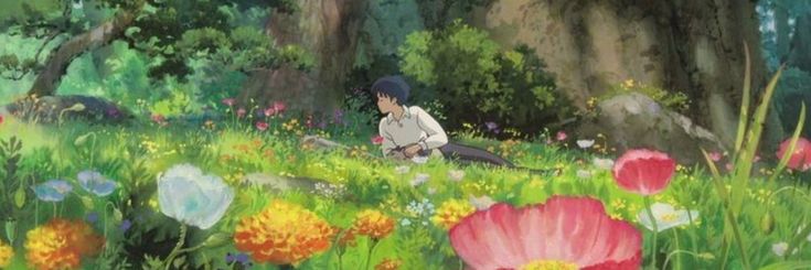 a person sitting in the middle of a field full of flowers and trees, surrounded by grass