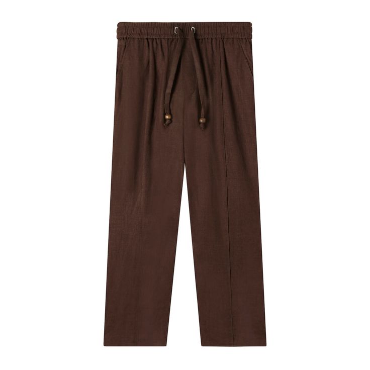 Cut from lightweight, soft linen. Elasticized waist linked to drawstrings with varnished wood stoppers. Sewn pleat. Functional button-fly. Zippered side pocket. Versatile, relaxed pants. Guaranteed to make you feel breezy even under the most solemn, pants-required circumstances. Brown Linen Pants With Relaxed Fit, Brown Linen Workwear Bottoms, Brown Linen Bottoms For Work, Brown Linen Relaxed Fit Pants, Brown Relaxed Fit Linen Pants, Classic Brown Linen Bottoms, Classic Brown Linen Pants, Brown Linen Pants For Work, Brown Linen Pants For Workwear