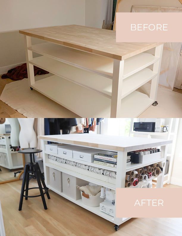 the before and after shots of a diy kitchen island makeover with white paint