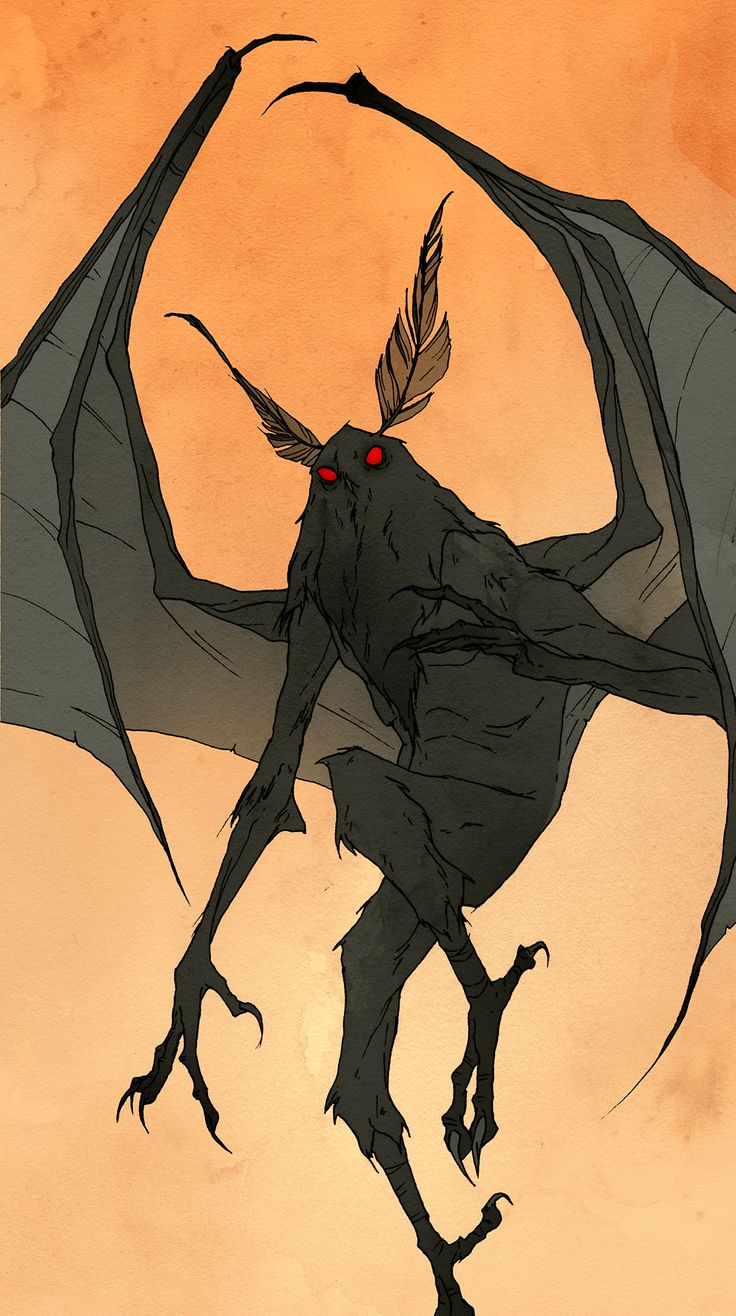 a drawing of a demon with red eyes and long legs, standing in front of an orange sky