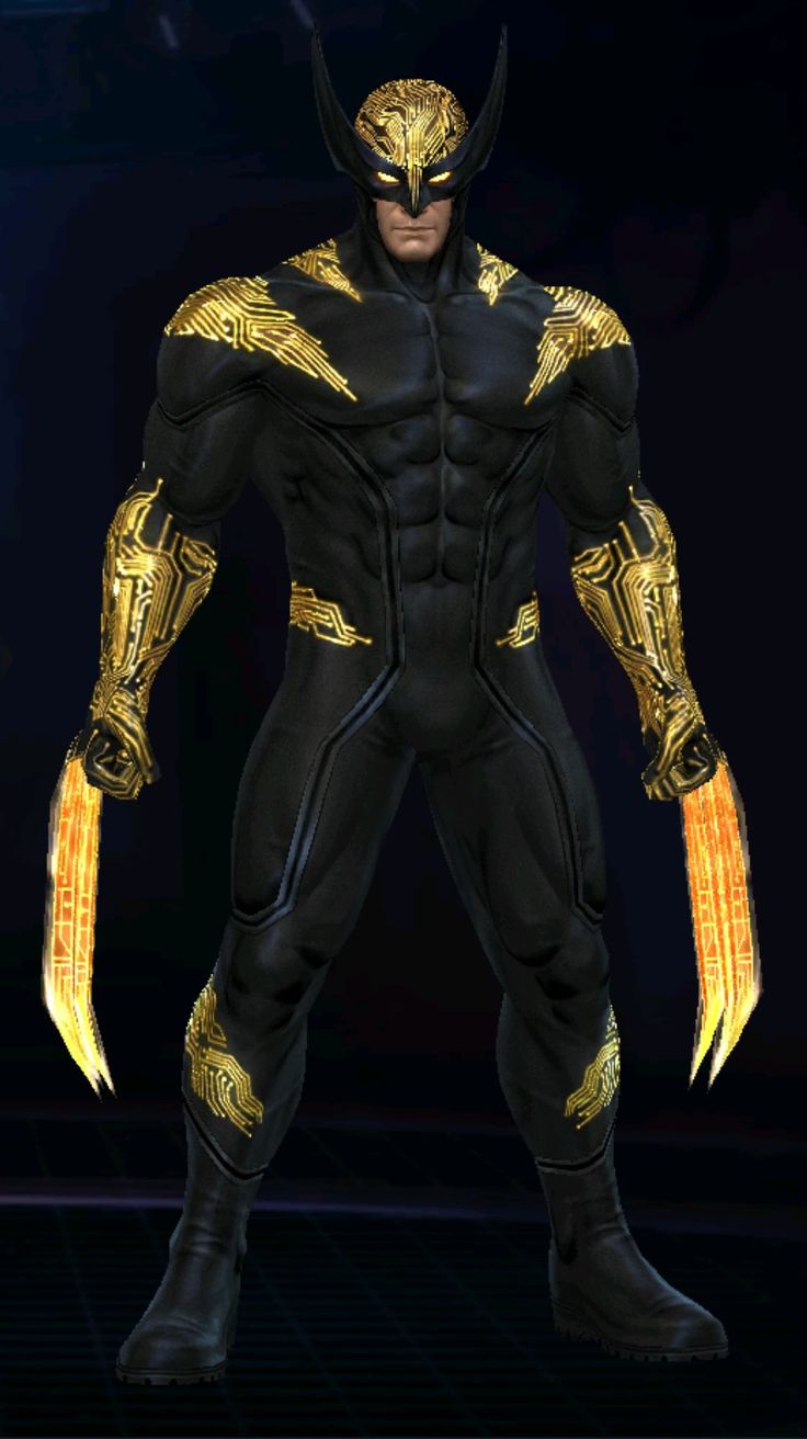 an animated image of a man in black and gold costume with horns on his head