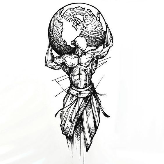 a black and white drawing of a man holding the world on his back with one hand