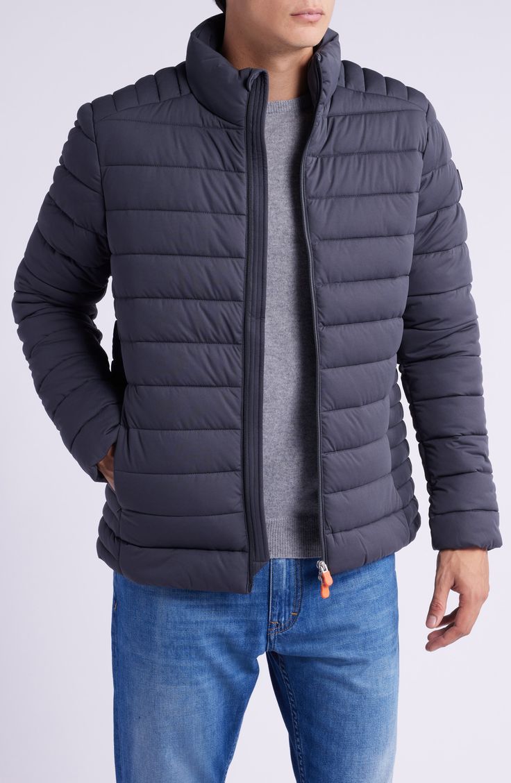 Channel quilting textures this water-resistant puffer jacket designed with a streamlined stand collar and practical zip pockets. 27" length (size Medium) Two-way front-zip closure Stand collar Vertical side-zip pockets Water-resistant Lined, with synthetic fill 100% recycled polyester Hand wash, dry flat Imported Quilted Long Sleeve Puffer Jacket In Recycled Polyester, Quilted Puffer Jacket With Recycled Polyester, Quilted Puffer Jacket With Long Sleeves In Recycled Polyester, Casual Puffer Jacket In Recycled Polyester, Casual Recycled Polyester Long Sleeve Puffer Jacket, Casual Puffer Jacket With Recycled Polyester, Casual Long Sleeve Puffer Jacket In Recycled Polyester, Solid Color Quilted Puffer Jacket, Quilted Puffer Jacket For Cold Weather