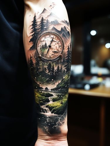 a man's arm with a clock on it and trees in the mountains behind him