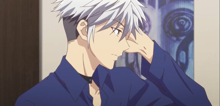 an anime character with white hair and blue eyes looking at something in the distance while holding his hand to his face