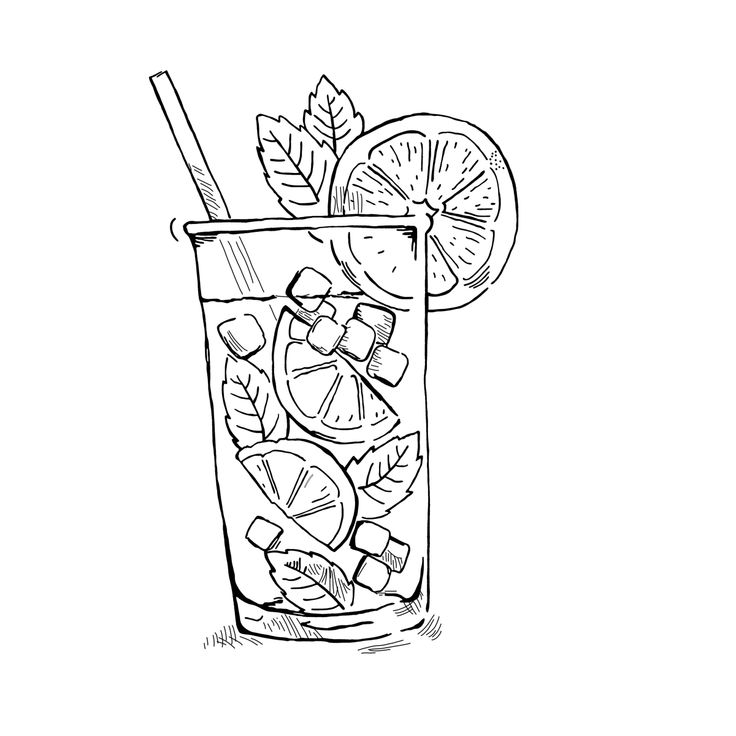 a drawing of a drink with lemons and ice cubes on the rim, garnished with leaves