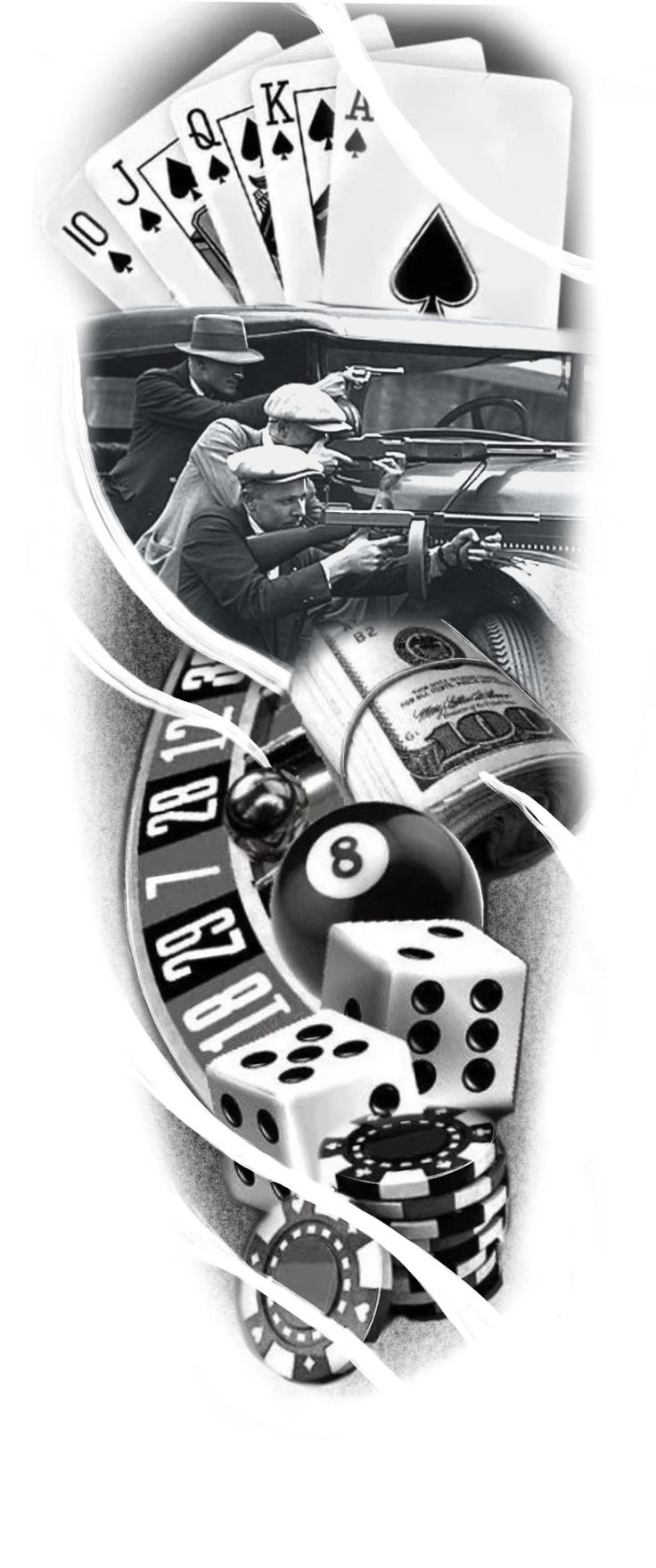 some casino cards and dice on a white background with black and white lines in the foreground