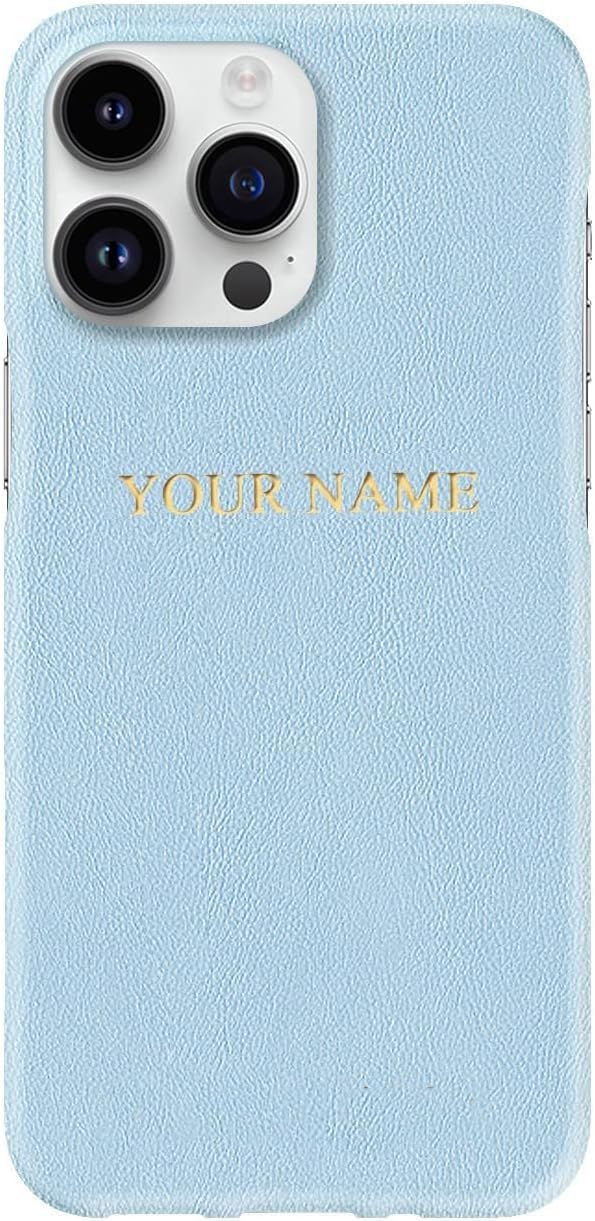 a blue phone case with the words your name on it and two camera lens in gold lettering