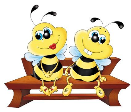 two bees sitting on top of a bench with their heads turned to look like they are holding hands