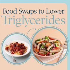 the cover of food swaps to lower triglycerides, including pasta and vegetables