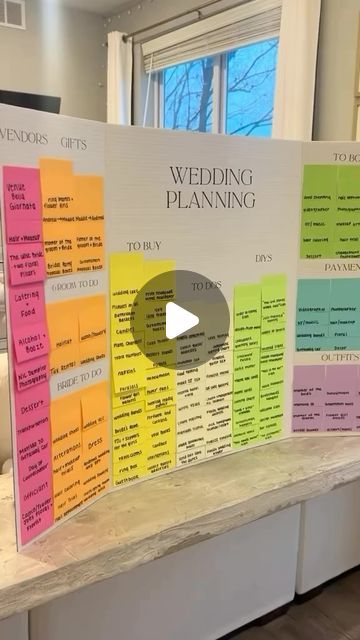 a wedding planning board sitting on top of a counter in front of a room with windows