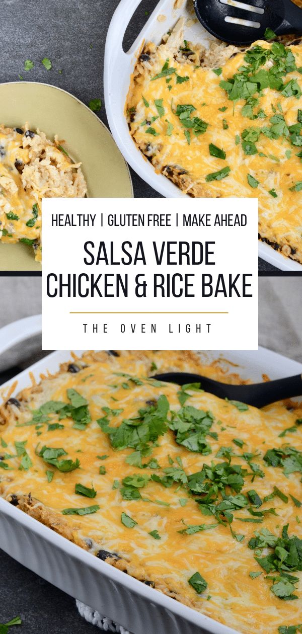 two images showing how to make salsa verde chicken and rice bake