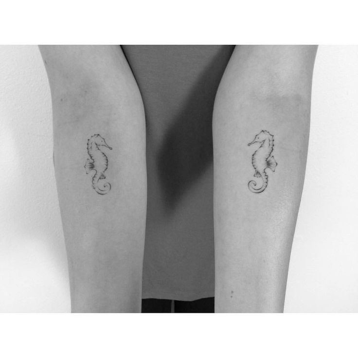 two small tattoos on both arms with seahorses in the middle one is black and white