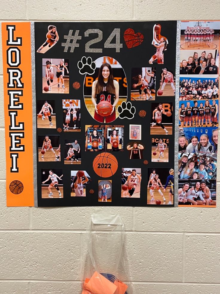 a basketball themed bulletin board on the wall with pictures and sports related items around it