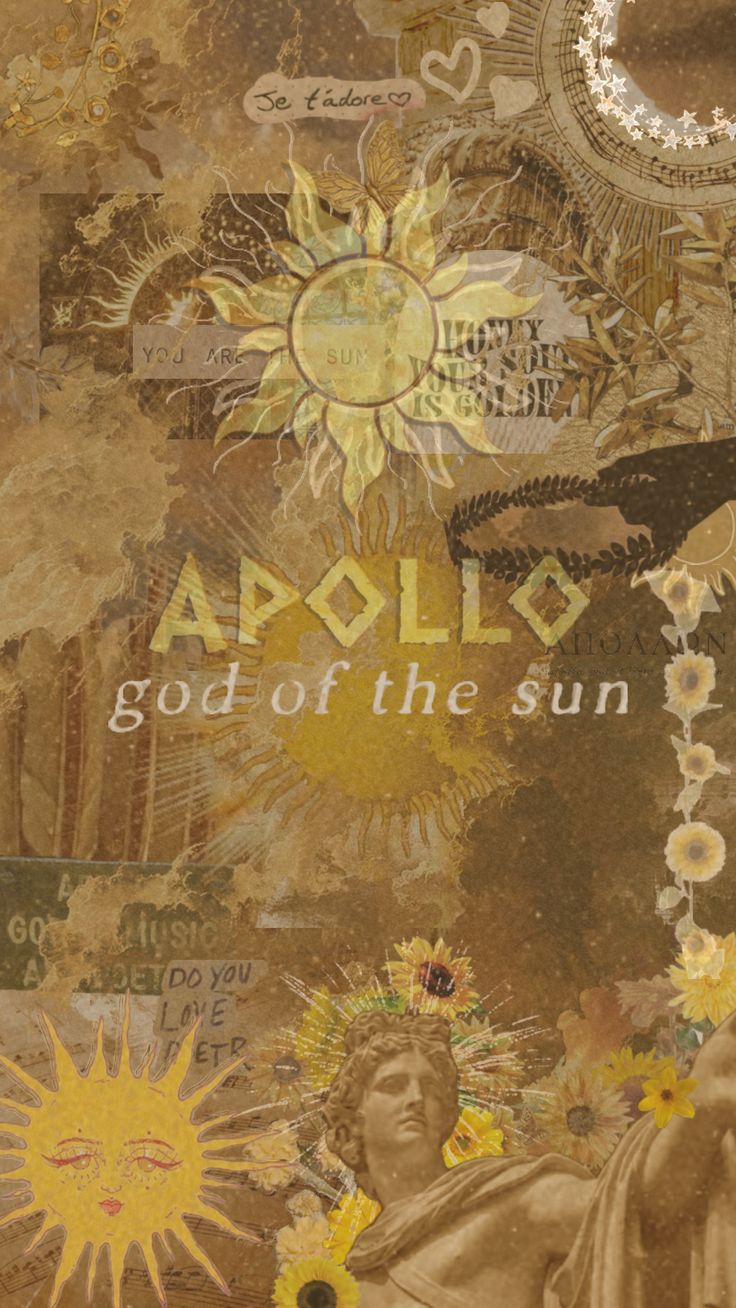 an artistic collage with the words, god of the sun and flowers on it