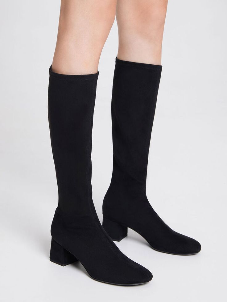 Black Textured Block Heel Knee Boots - CHARLES & KEITH US Chic Mid-calf Platform Boots For Winter, Chic Mid-calf Winter Platform Boots, Chic Winter Mid-calf Platform Boots, Tall Suede Knee-high Boots For Winter, Wide Calf Suede Knee-high Boots For Party, Wide Calf Suede Mid-calf Heeled Boots, Trendy Black Full Length Boots, Black Full Length Trendy Boots, Trendy Full Length Black Boots