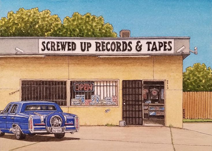 a painting of a blue car parked in front of a record and tape shop with the words screwed up records & tapes on it