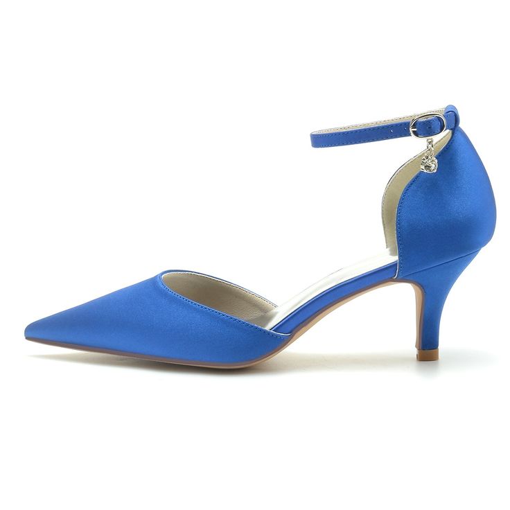 a woman's blue high heeled shoe on a white background