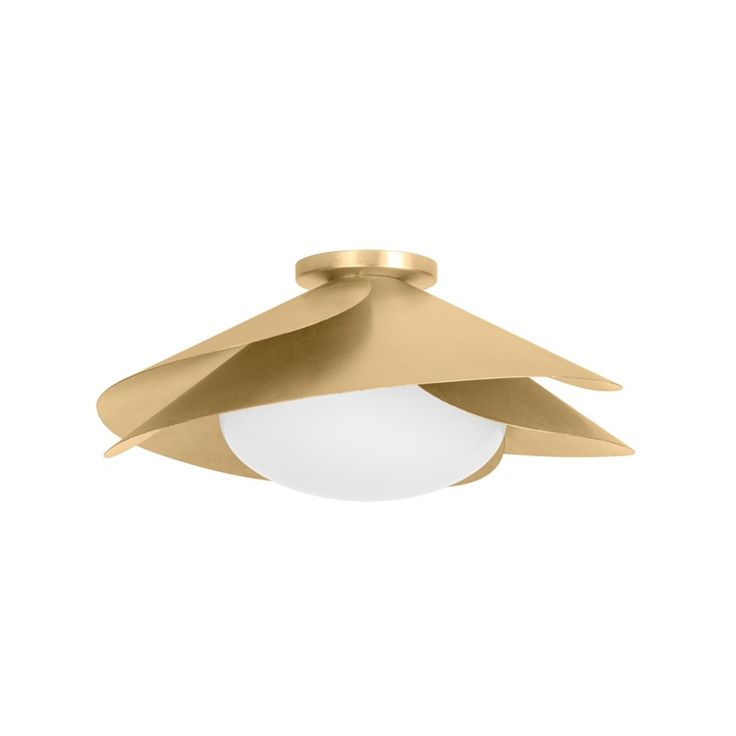 a light that is on top of a white wall mounted ceiling fixture with a gold finish