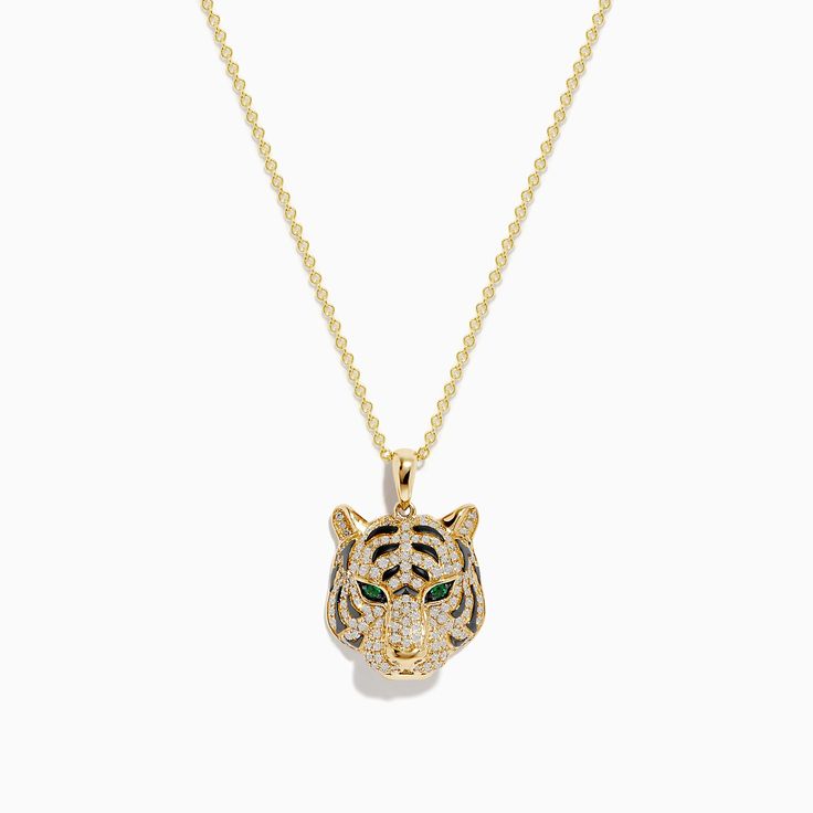 Effy Safari 14K Yellow Gold Diamond and Emerald Tiger Pendant Tiger Jewelry, Tiger Necklace, Tiger Pendant, Jewelry Logo, Effy Jewelry, Yellow Stone, Mixed Metals, Gold Yellow, Round Diamonds