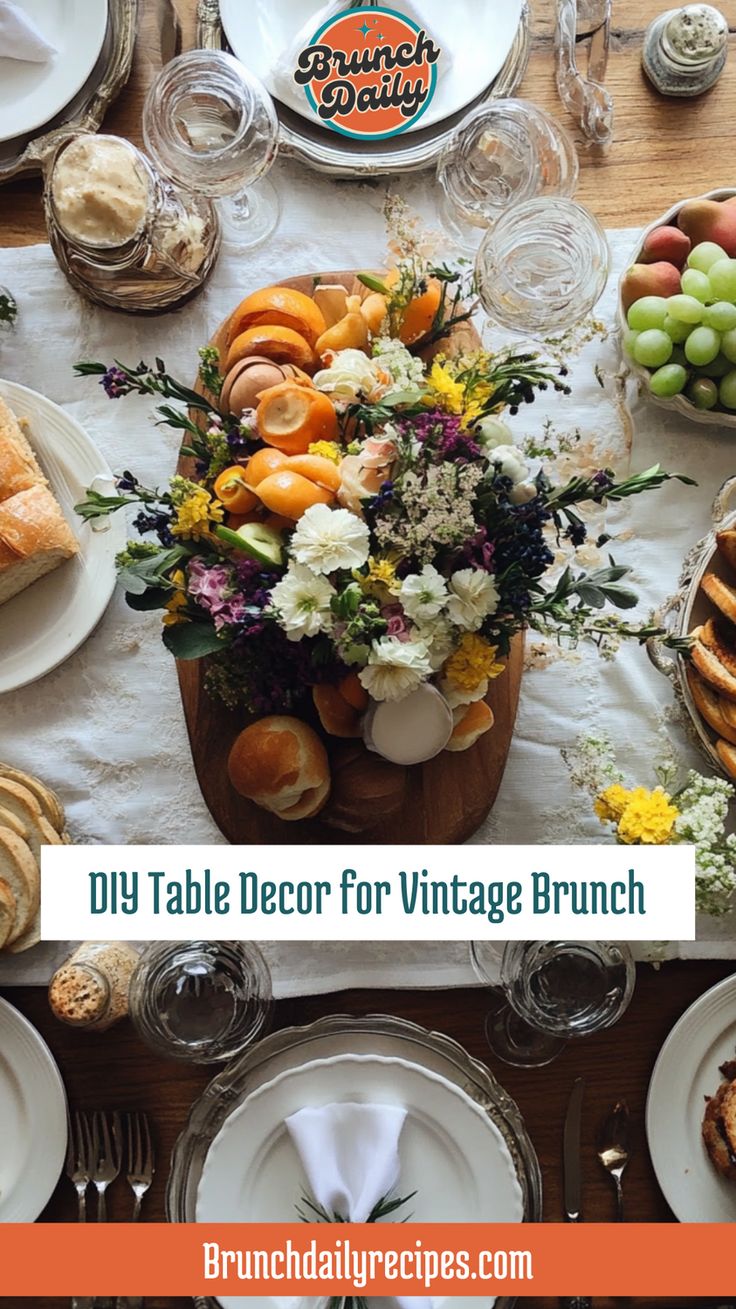 an image of a table setting with flowers and fruit