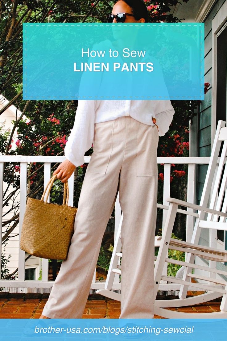 a woman is standing on the porch with her hand in her pocket and holding a basket