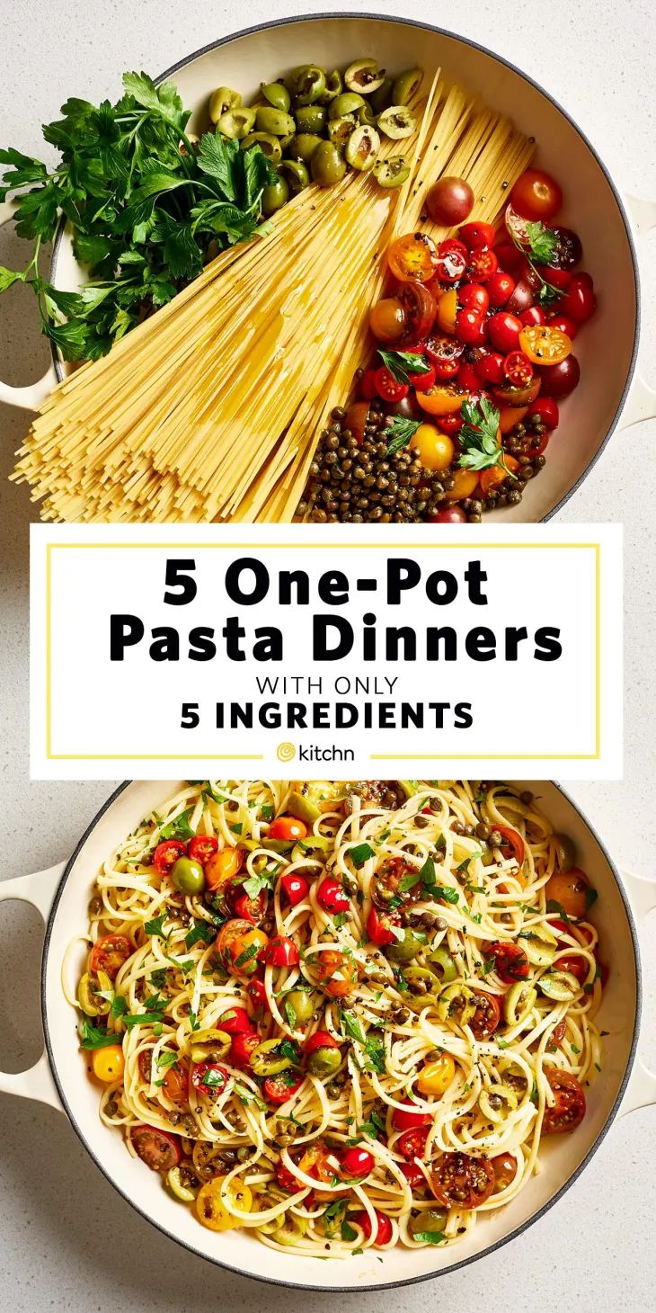 two pans filled with different types of pasta and vegetables on top of each other