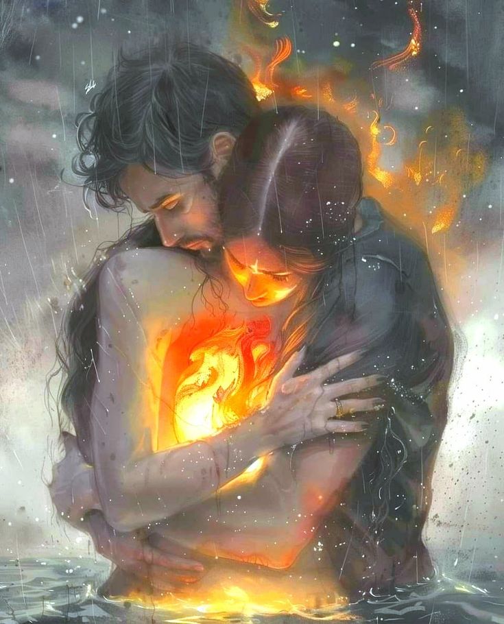 two people hugging in the rain with fire coming out of their faces and behind them