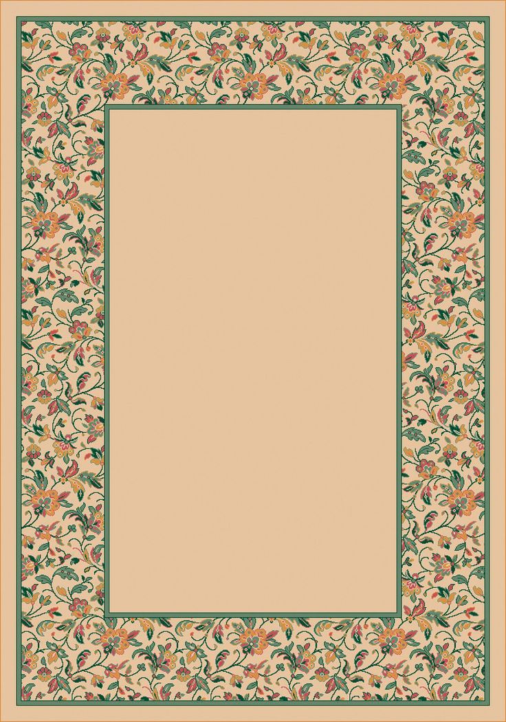 a beige and green area rug with an ornate border on the center, surrounded by flowers