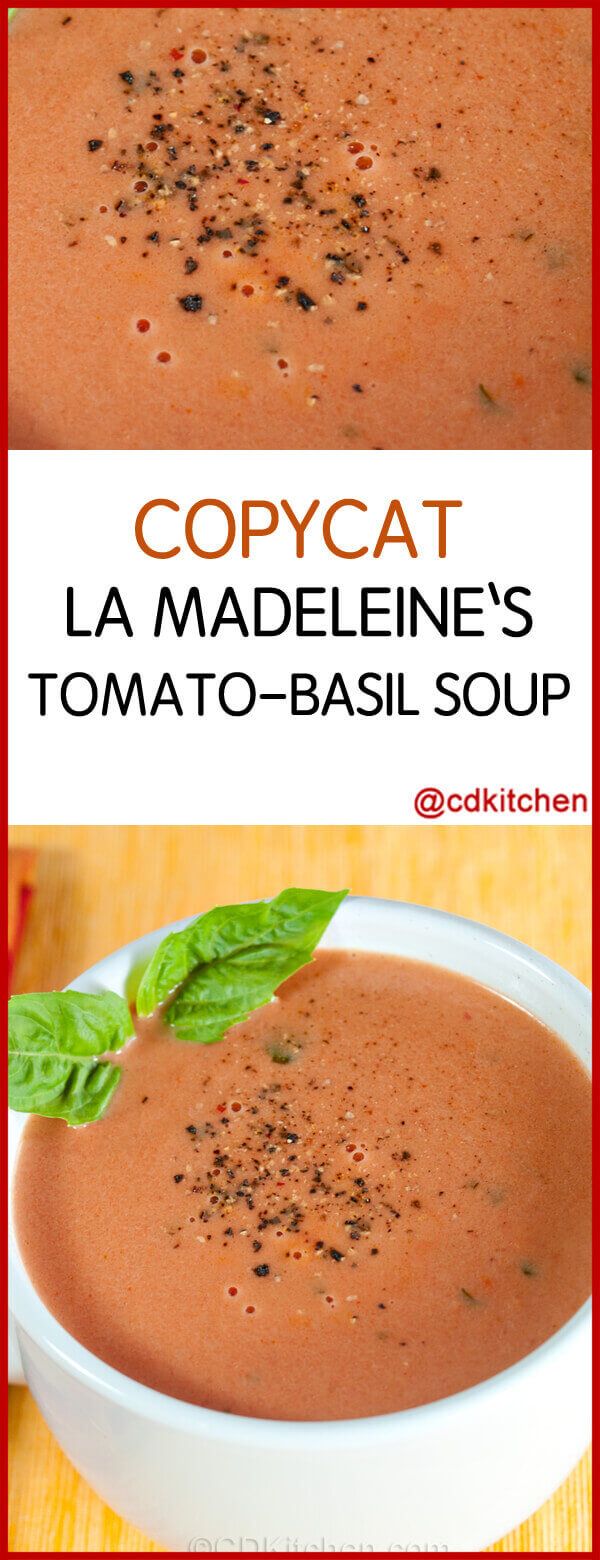 two pictures of tomato soup with basil leaves on top and the same image in red