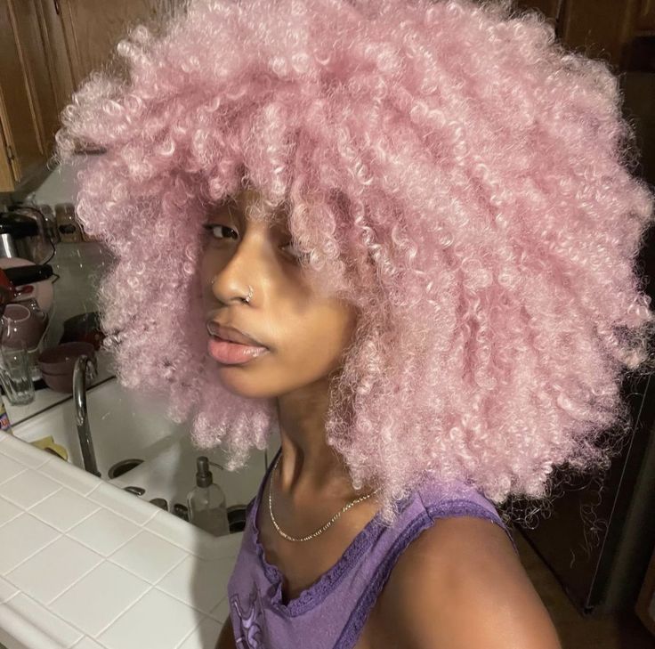 Light Pink Natural Hair, Pink Type 4 Hair, Pink Curly Hair Black Women, Pastel Pink Hair Black Women, Pink Afro Hair, Pink 4c Hair, Pink Hair Black Women, Blasian Pink Hair, Pink Afro Hair Black Women