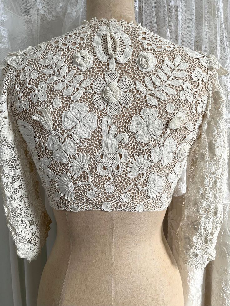 Rare Antique Irish Crochet Lace Cropped Shrug Jacket. Antique Wedding - Etsy Owl Crochet Pattern, Crochet Lace Jacket, Autumn Squirrel, Shrug Jacket, Owl Crochet, Crochet Wedding Dresses, People References, Owl Crochet Patterns, White Chapel