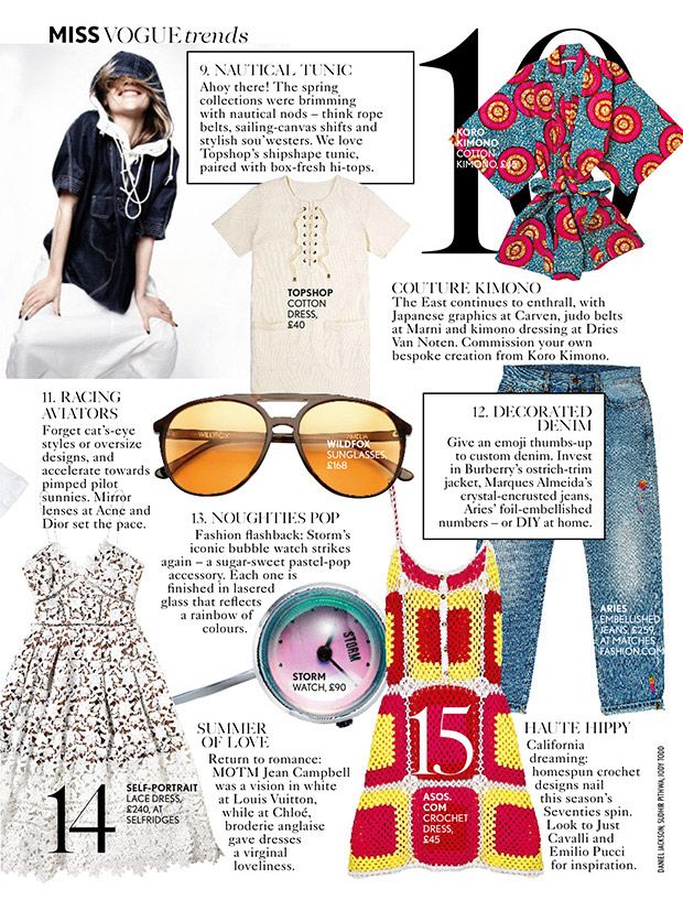 an article in the magazine features clothing and accessories for women, including sunglasses, t - shirt